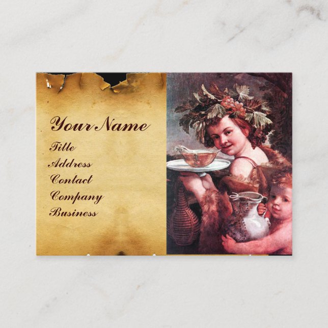 BAKKUS, DRUVOR, RO VIN RÖDA VAX-PARCHMENT VISITKORT (Framsida)