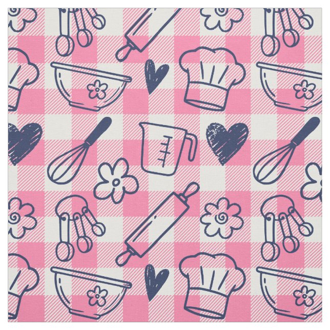 Bakning av Doodles på Gingham - Rosa & Marinblå Tyg (Provkarta)