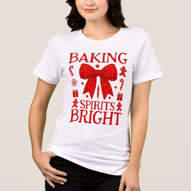 Bakning Glädjeross Röda Rutiga Band Jul T Shirt (Framsida)