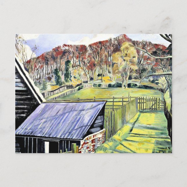 Bakom Inn, landskapsmålning av Paul Nash Vykort (Framsida)