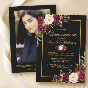Baksida av Burgundy-Blommigten Quinceanera Black G Inbjudningar