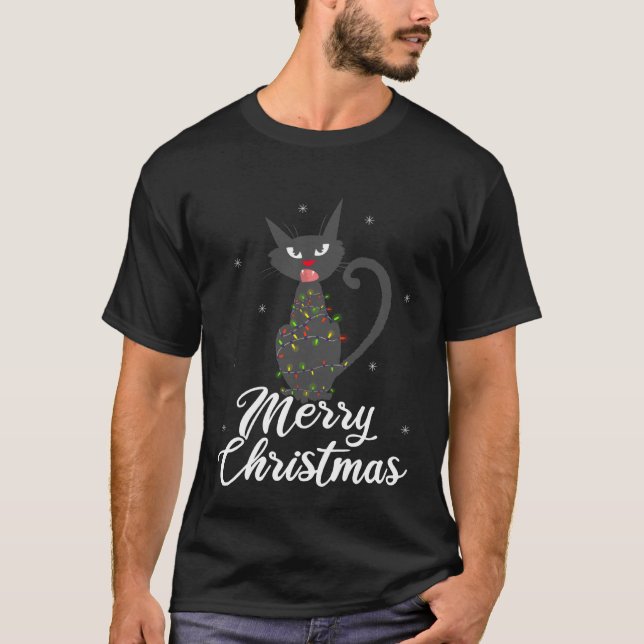 Baktryck God Jul Katt med Lyssnande Ljus T Shirt (Framsida)