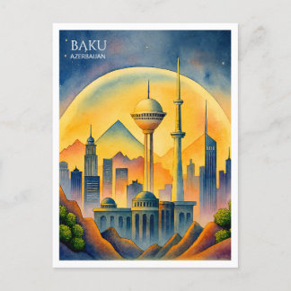 Baku Azerbajdzjan Cityscape Watercolor Helg Vykort