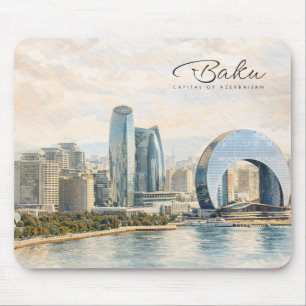 Baku Azerbajdzjan Huvudstad Akvarell Resa Present Musmatta
