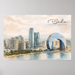 Baku Azerbajdzjan Huvudstad Akvarell Resa Present Poster