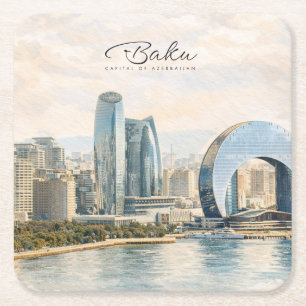 Baku Azerbajdzjan Huvudstad Akvarell Resa Present Underlägg Papper Kvadrat
