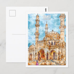 Baku Azerbajdzjan Travel Ställe Watercolor Vykort