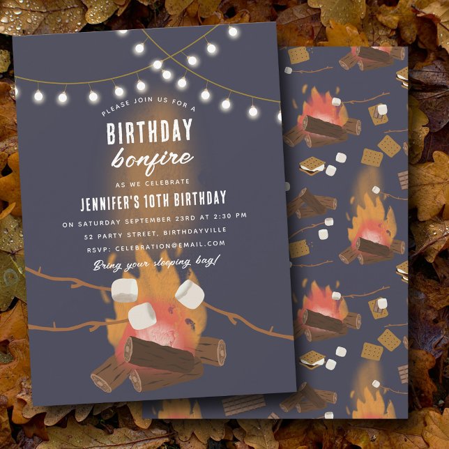 Bål & Camping Utomhus Bål Födelsedagsfest Inbjudningar (Bonfire & Camping Outdoor Campfire Birthday Party Invitation)