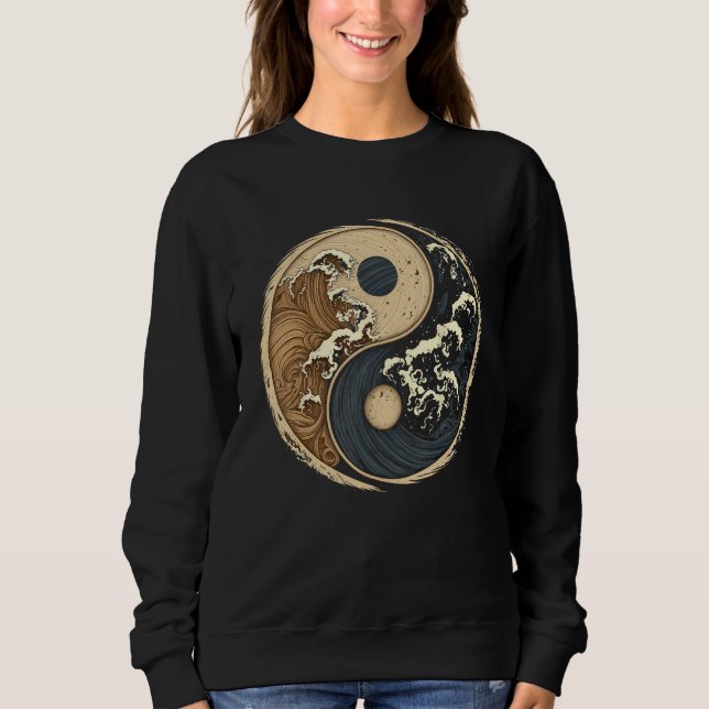 Balance and Harmony Yin Yang Symbol with Waves 2 T Shirt (Framsida)