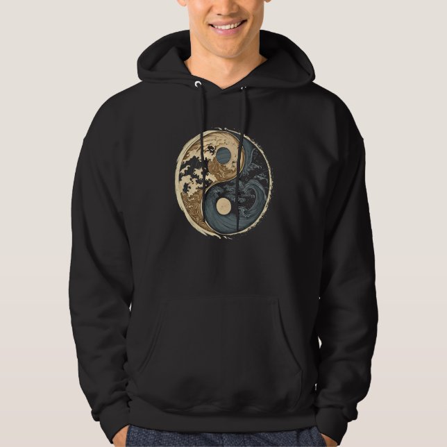 Balance and Harmony Yin Yang Symbol with Waves Hoodie (Framsida)