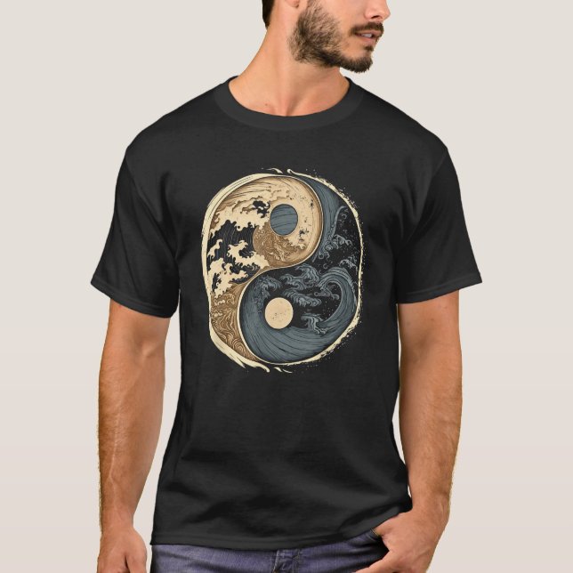 Balance and Harmony Yin Yang Symbol with Waves T Shirt (Framsida)