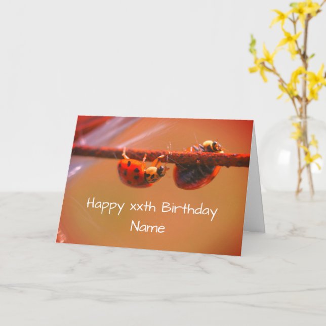 Balancing Ladybug Nature Personalize Birthday Card Kort (Gul blomma)