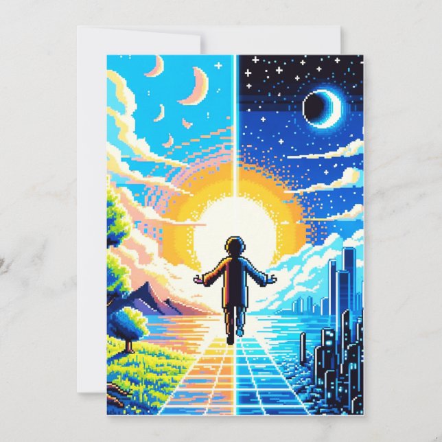 Balans i världen - Futuristiska Pixel Art Tech Julkort (Framsida)