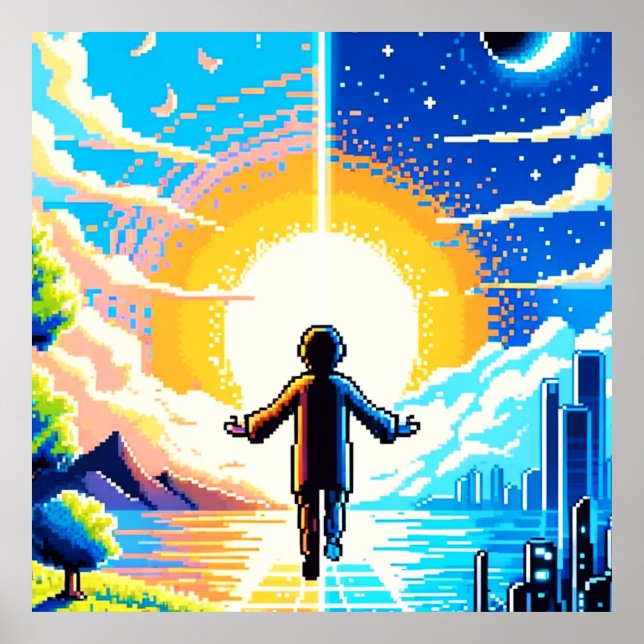 Balans i världen - Futuristiska Pixel Art Tech Poster (Framsidan)