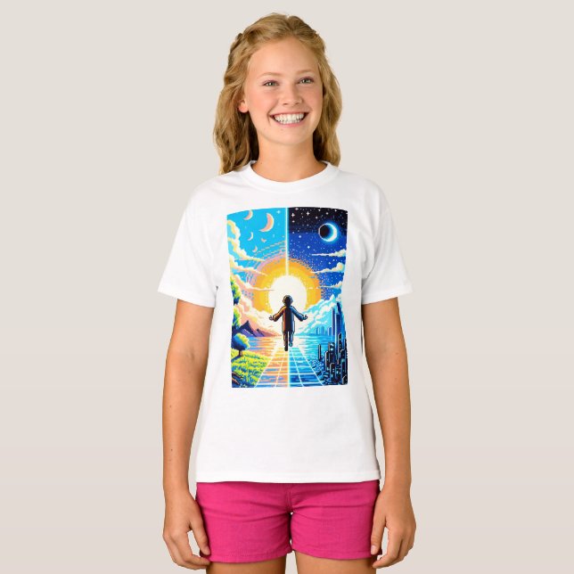 Balans i världen - Futuristiska Pixel Art Tech T Shirt (Hel framsida)