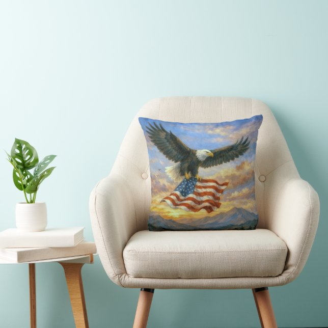 Bald Eagle Flying With American Flag Kudde (Stol)