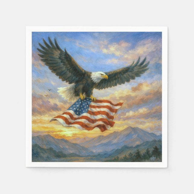 Bald Eagle Flying With American Flag Pappersservett (Framsidan)
