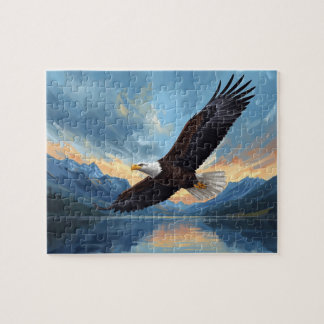Bald Eagle Soaring Mountain Lake Sunset Art Pussel