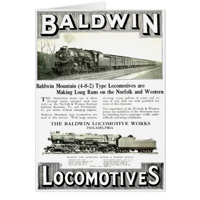 Baldwin Steam Locomotive Works OBS Kort (Framsidan)