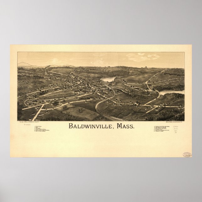 Baldwinville Mass. 1886 Antique Panoramic Karta Poster (Framsidan)