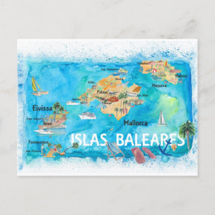 Balearerna Illustrated Travel Karta Vykort