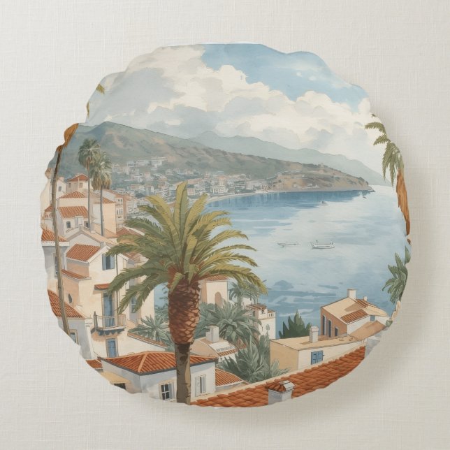Balearic Islands Vintage French Travel Rund Kudde (Framsidan)