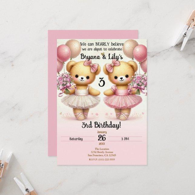 Balettflicka Glitter Tår Födelsedagsfirande för Bj Inbjudningar (Fram/Back In Situ)