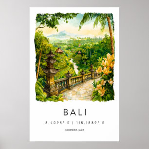 Bali akvarellaffisch Bali Resemålning Bali Vägg Poster