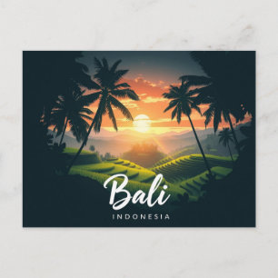 Bali Indonesia Handflatan Träd Ris Fält Sunset Vykort