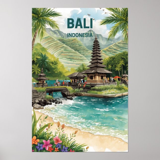 Bali Indonesien Akvarell Resa Tropisk Poster (Framsidan)