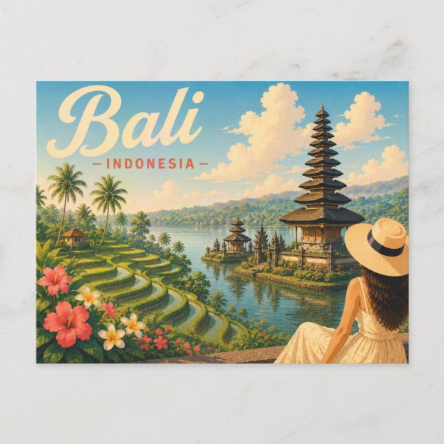 Bali, Indonesien - Damen i hatten reser  Vykort (Framsida)