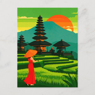 Bali Indonesien Solnedgång Tempels och Ris Terrass Vykort