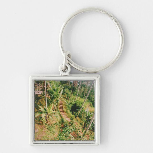 Bali-regnskog Fyrkantig Silverfärgad Nyckelring (Framsidan)