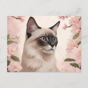 Balinesisk kattporträtt med blommande blommor vykort