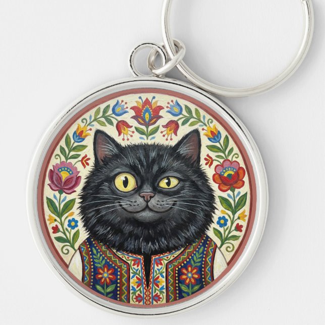Balkan Folk Art Black Cat Rund Silverfärgad Nyckelring (Framsidan)