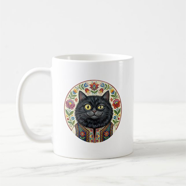 Balkanisk folkkonst svart katt kaffemugg (Vänster)