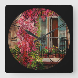 Balkony Flowers Fine Art Roman Numeral Fyrkantig Klocka