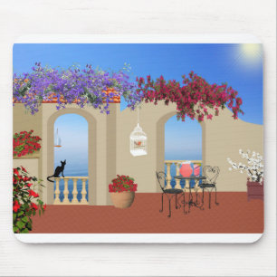 Balkony utanför Blommor Bord Tranquilitet Seaside. Musmatta