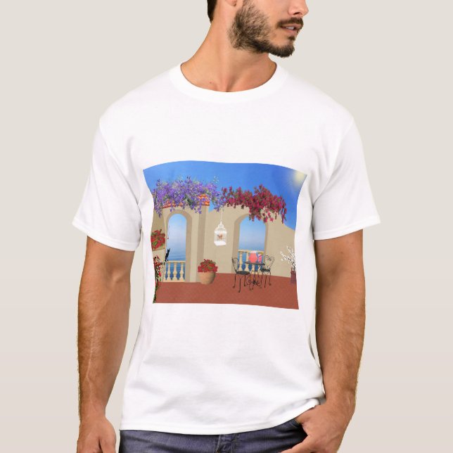 Balkony utanför Blommor Bord Tranquilitet Seaside. T Shirt (Framsida)