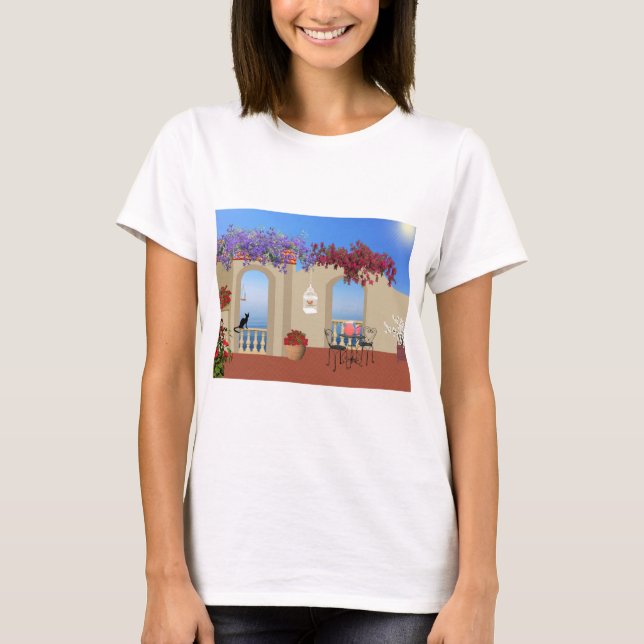 Balkony utanför Blommor Bord Tranquilitet Seaside. T Shirt (Framsida)