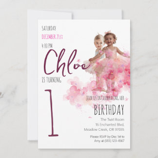 Ballerina 1-års födelsedagsflicka Foto Rosa blommi Inbjudningar