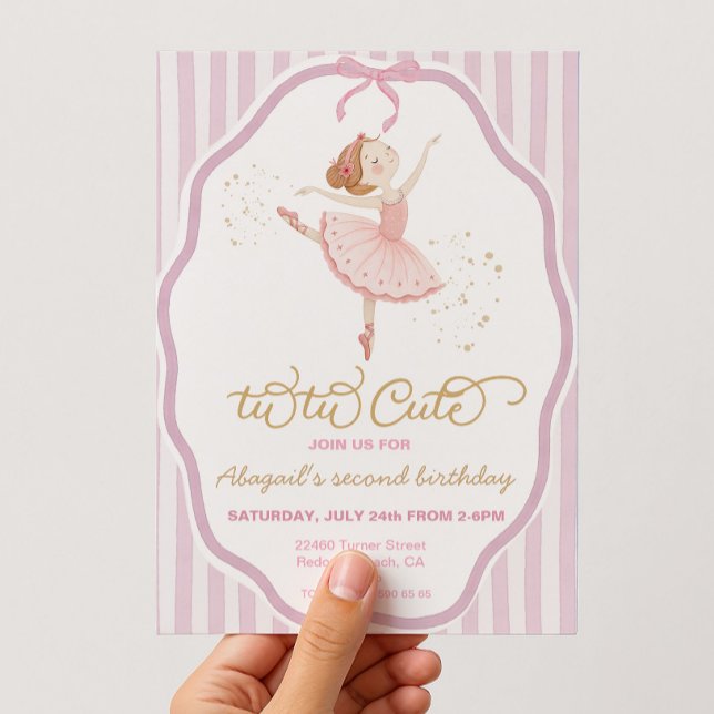 Ballerina 2-årsdag pinstriped tutu söt inbjudningar (ballerina tu-tu cute birthday invitation with watercolor background)