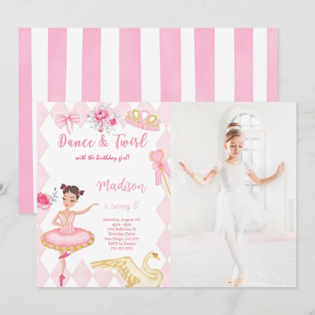 Ballerina 8-års födelsedagsfoto inbjudan  (Fram/baksida)