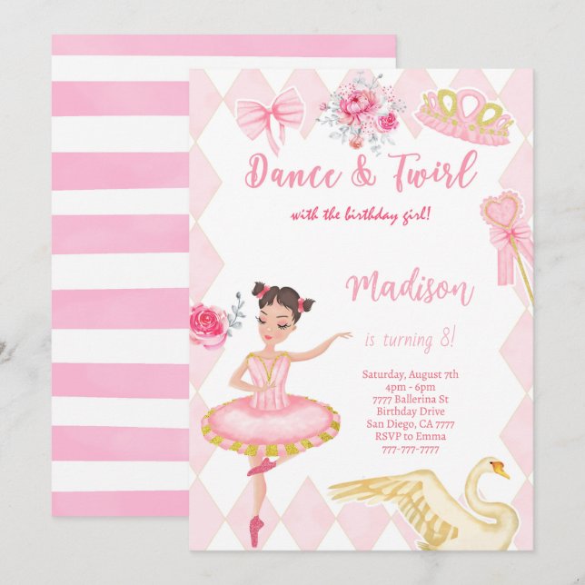 Ballerina 8-års födelsedagsinbjudan  inbjudningar (Fram/baksida)