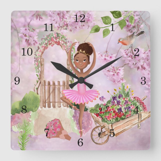 Ballerina African America Girl i Garden Ballet Fyrkantig Klocka (Framsida)