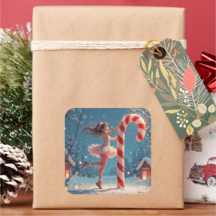 Ballerina Anime Flicka & Candy Cane Jul Fyrkantigt Klistermärke