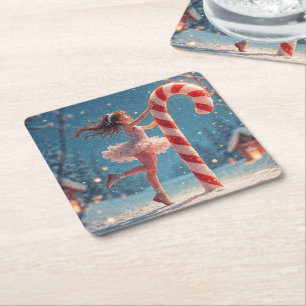 Ballerina Anime Girl & Candy cane jul Underlägg Papper Kvadrat