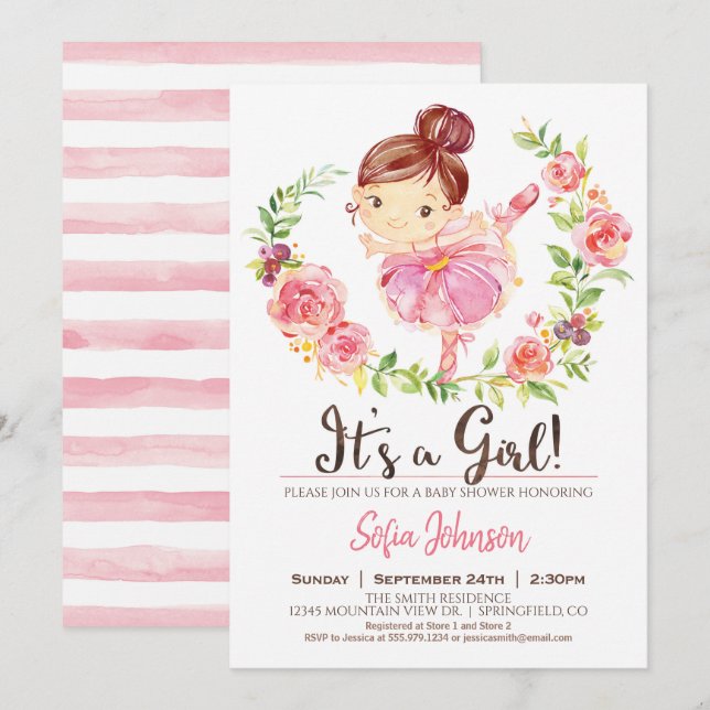 Ballerina Baby Shower Girl-inbjudan till Rosa Inbjudningar (Fram/baksida)