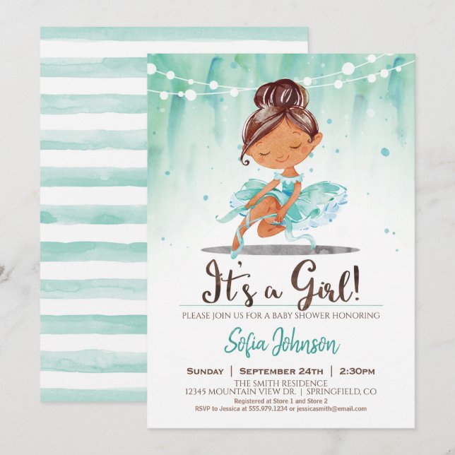 Ballerina Baby Shower Girl Mint-inbjudan Inbjudningar (Fram/baksida)