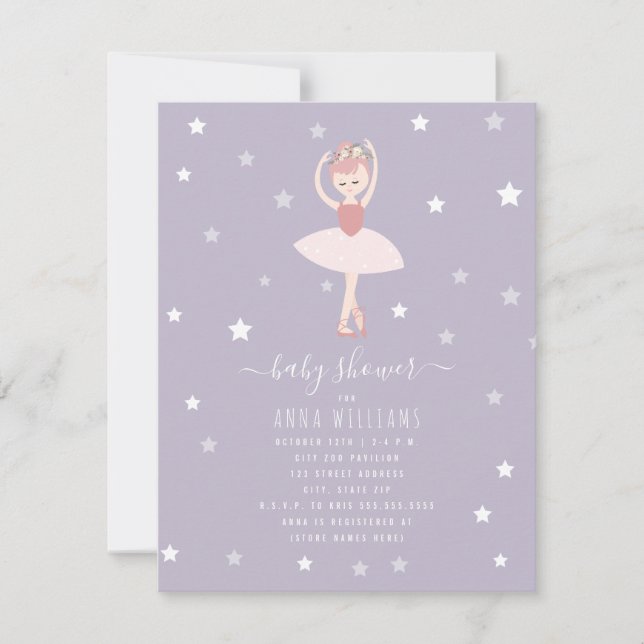 Ballerina Baby Shower Lila Flicka Inbjudningar (Framsida)